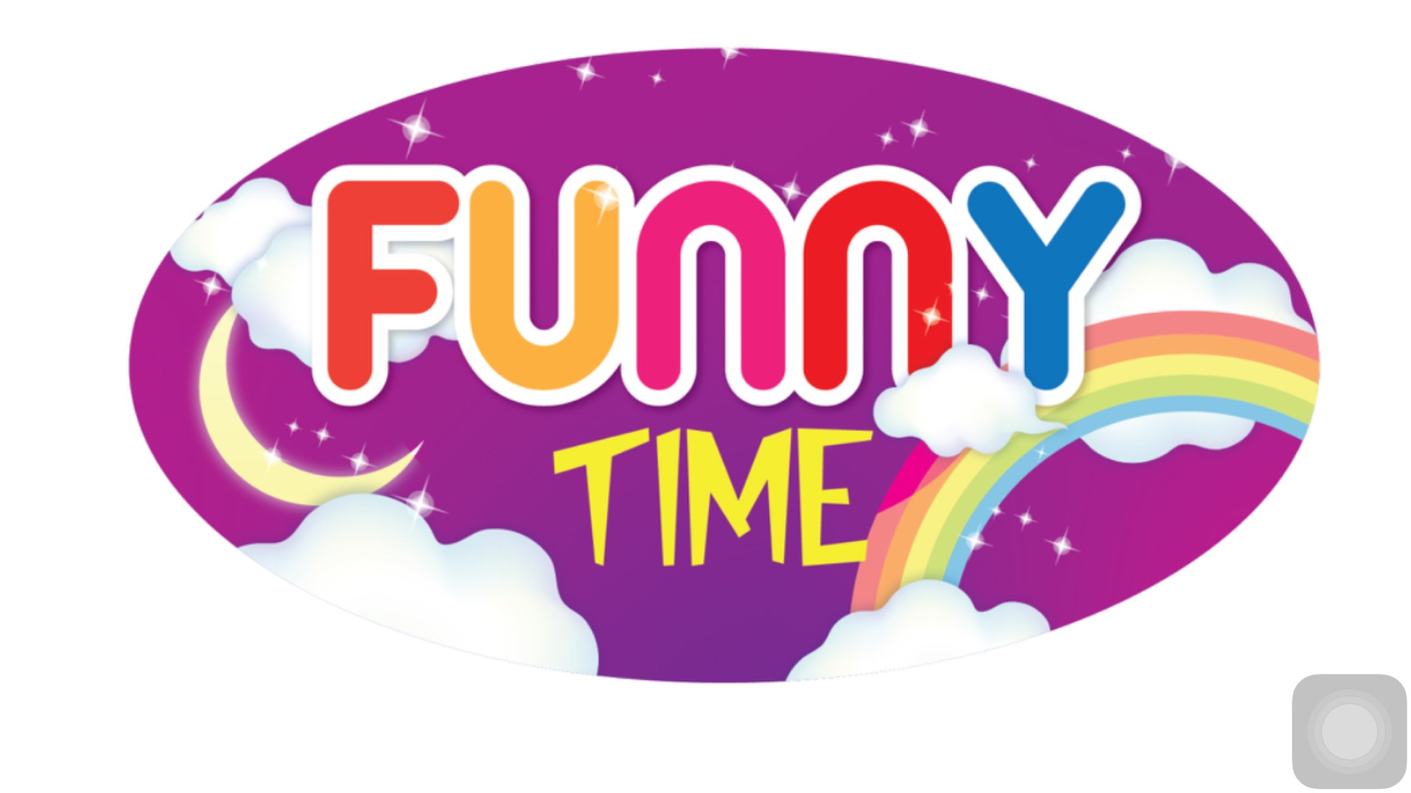 Logo màu sắc Funny Time với mây, sao và cầu vồng trên nền tím