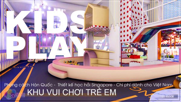 Khu vui chơi trẻ em trong nhà với bập bênh, nhà mô hình và khu chơi màu pastel