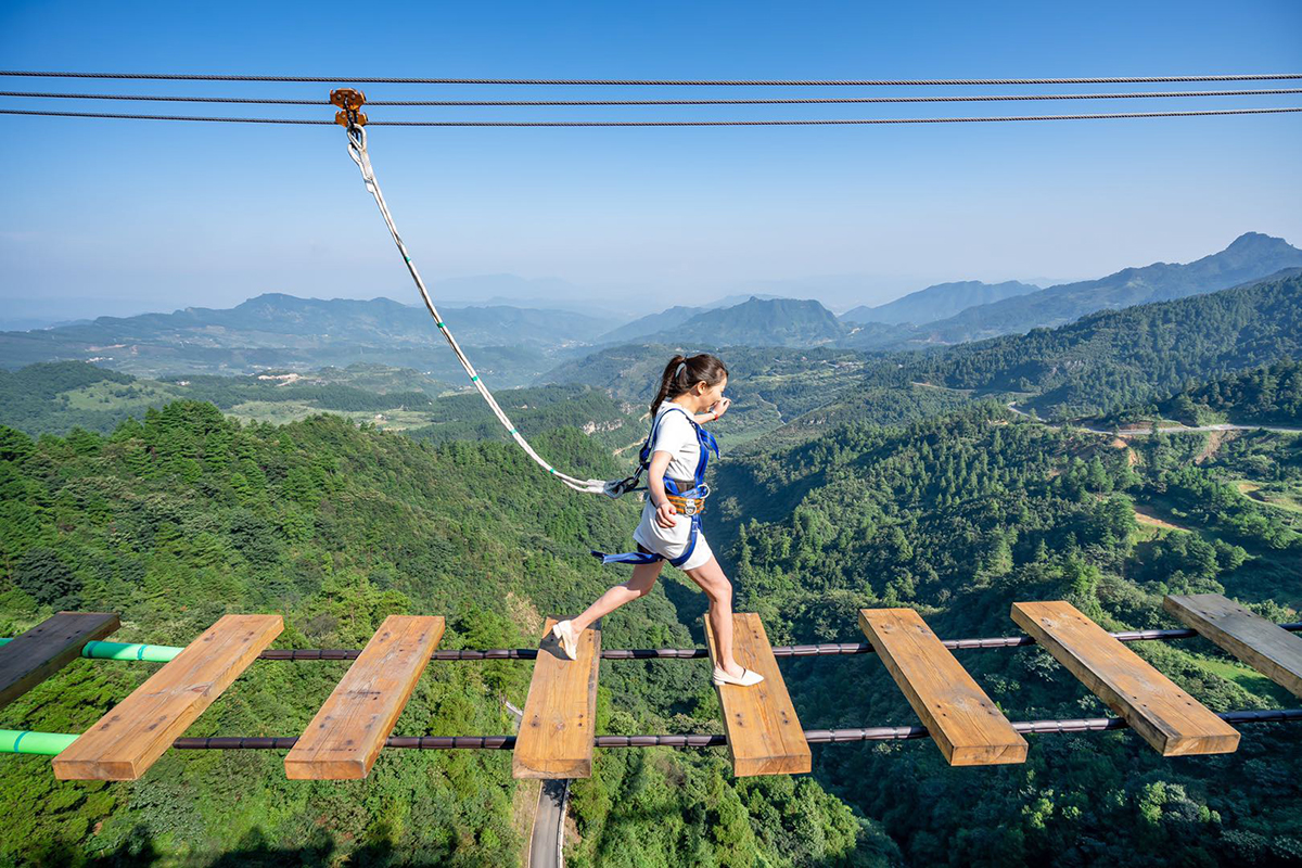 Gia đình tham gia Highwire trải nghiệm mạo hiểm trên cầu dây giữa khu cây xanh